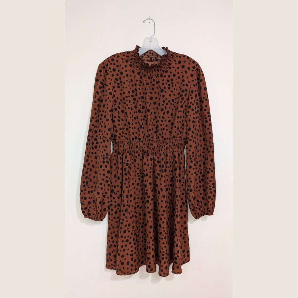 SHEIN Dalmatian Dot Print Lantern Sleeve Shirred Waist Dress Rust Brown, XL